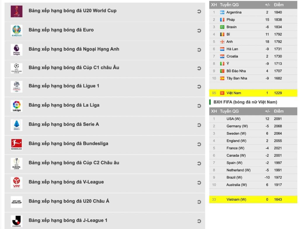 Các giải đấu bóng đá Bongdanet cung cấp cho người chơi theo dõi 